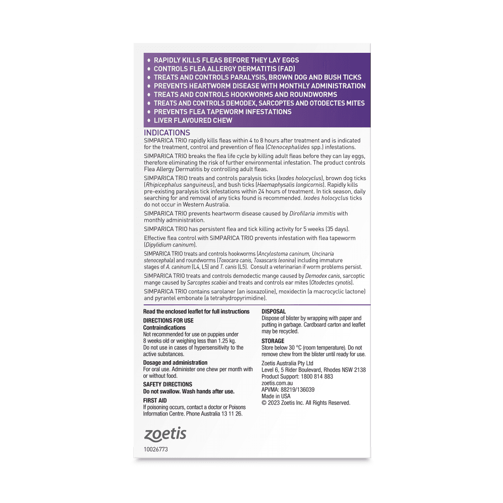 Simparica TRIO for Extra Small Dogs 2.6–5.0kg (Purple) Flea, Tick & Worm Chewables