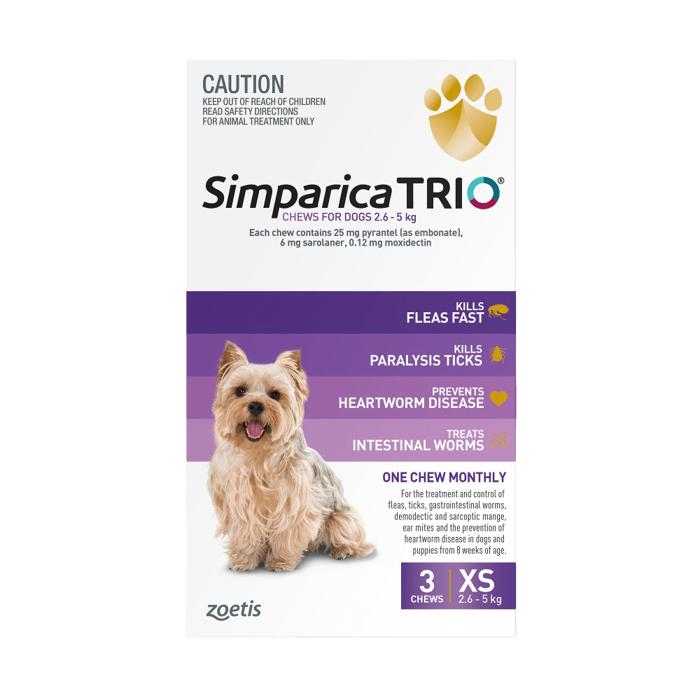 Simparica Trio for Extra Small Dogs 2.6–5.0kg (Purple) Flea, Tick & Worm Chewables