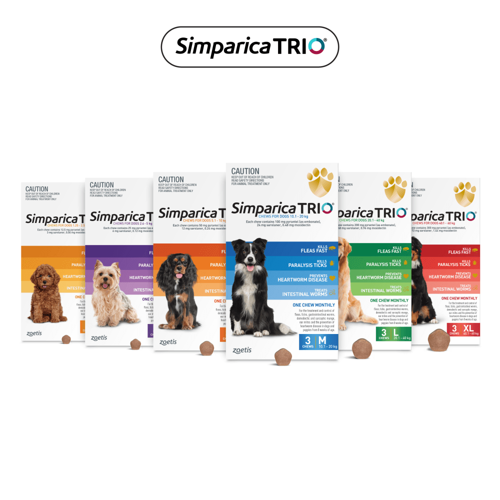 Simparica TRIO for Extra Small Dogs 2.6–5.0kg (Purple) Flea, Tick & Worm Chewables