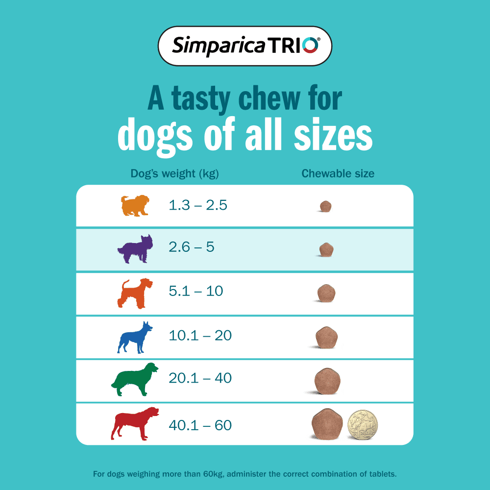Simparica TRIO for Extra Small Dogs 2.6–5.0kg (Purple) Flea, Tick & Worm Chewables