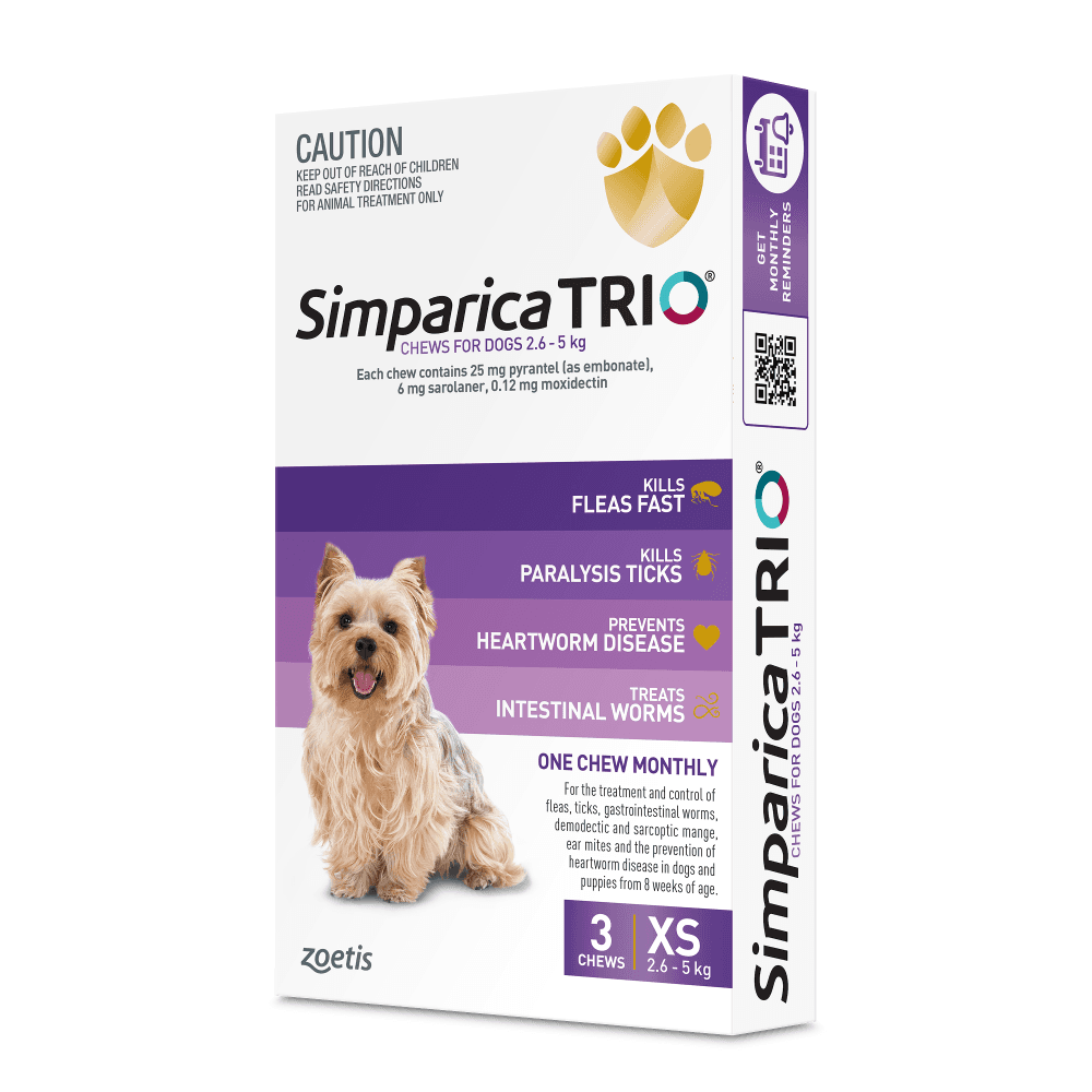 Simparica TRIO for Extra Small Dogs 2.6–5.0kg (Purple) Flea, Tick & Worm Chewables