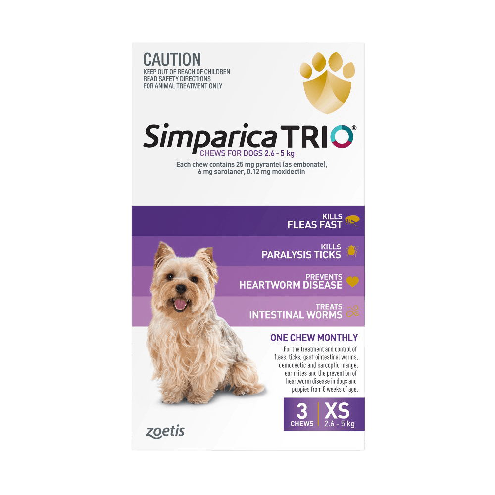 Simparica TRIO for Extra Small Dogs 2.6–5.0kg (Purple) Flea, Tick & Worm Chewables