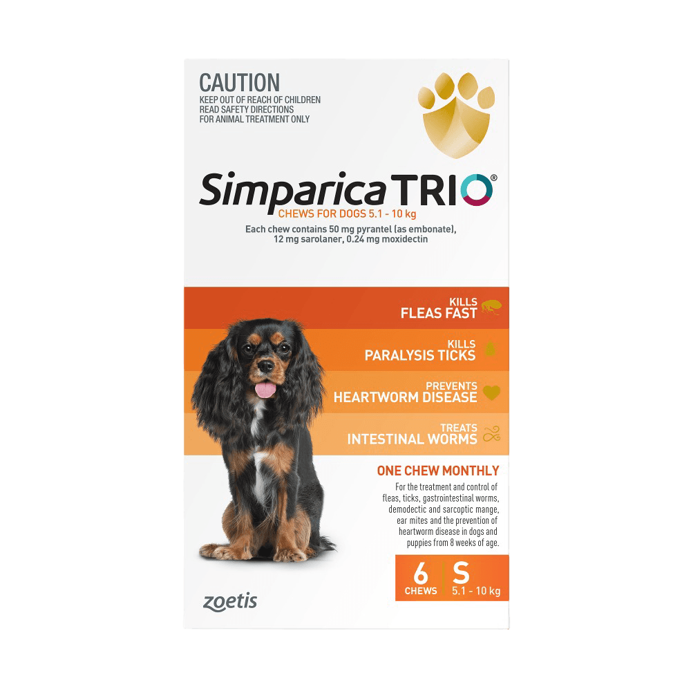 Simparica Trio for Small Dogs 5.1–10kg (Orange) Flea, Tick & Worm Chewables