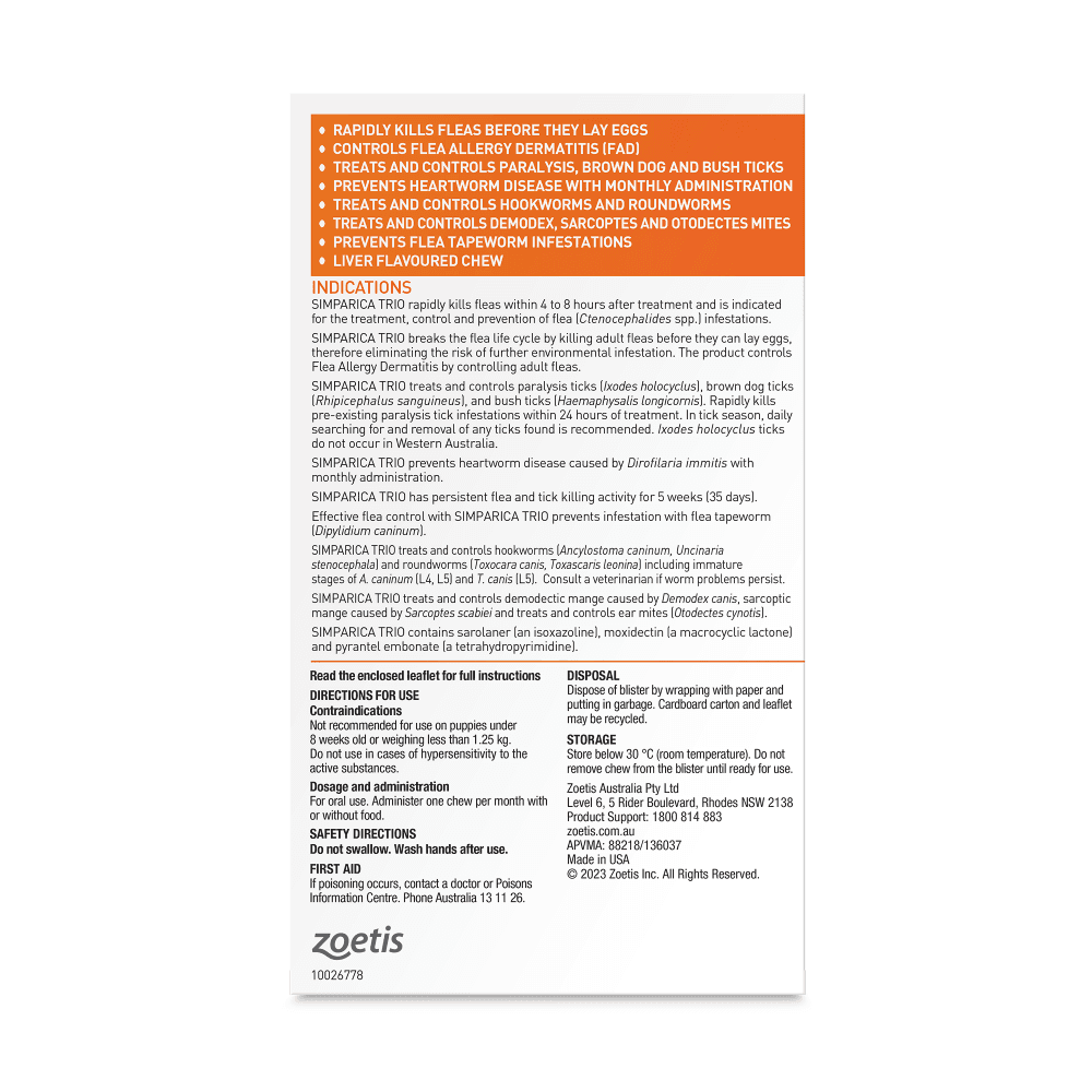Simparica TRIO for Small Dogs 5.1–10kg (Orange) Flea, Tick & Worm Chewables
