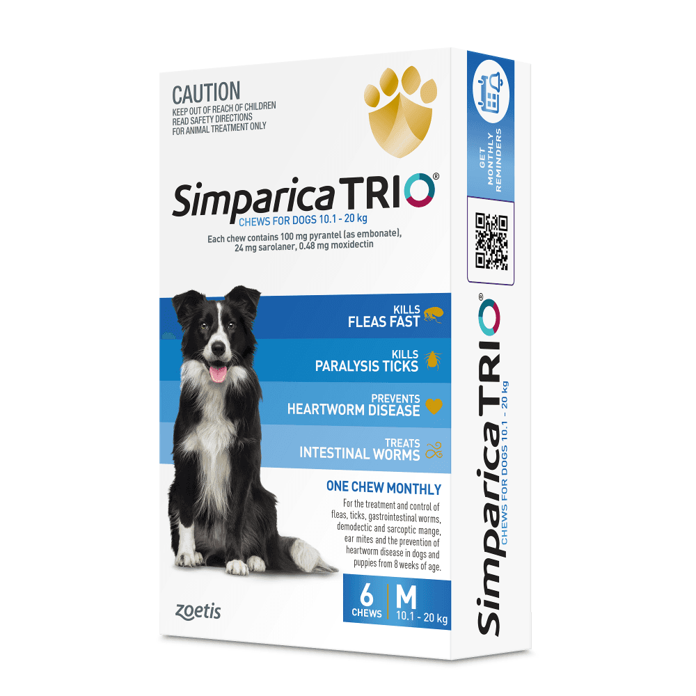 Simparica TRIO for Medium Dogs 10.1–20kg (Blue) Flea, Tick & Worm Chewables