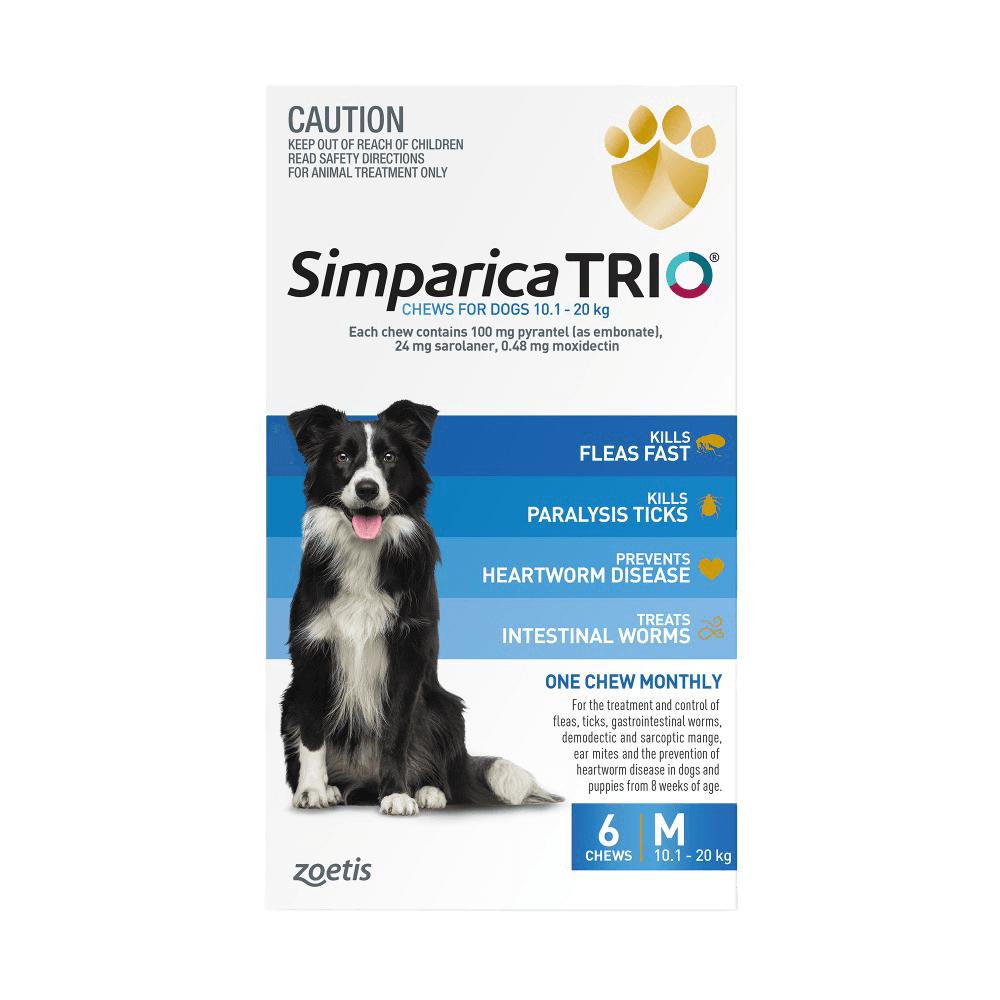 Simparica TRIO for Medium Dogs 10.1–20kg (Blue) Flea, Tick & Worm Chewables