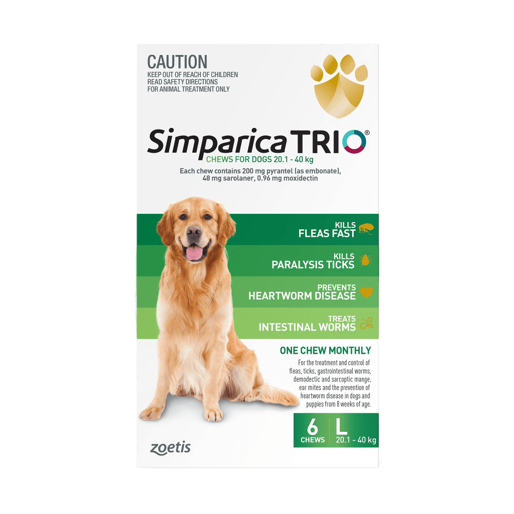 Simparica TRIO for Large Dogs 20.1–40kg (Green) Flea, Tick & Worm Chewables
