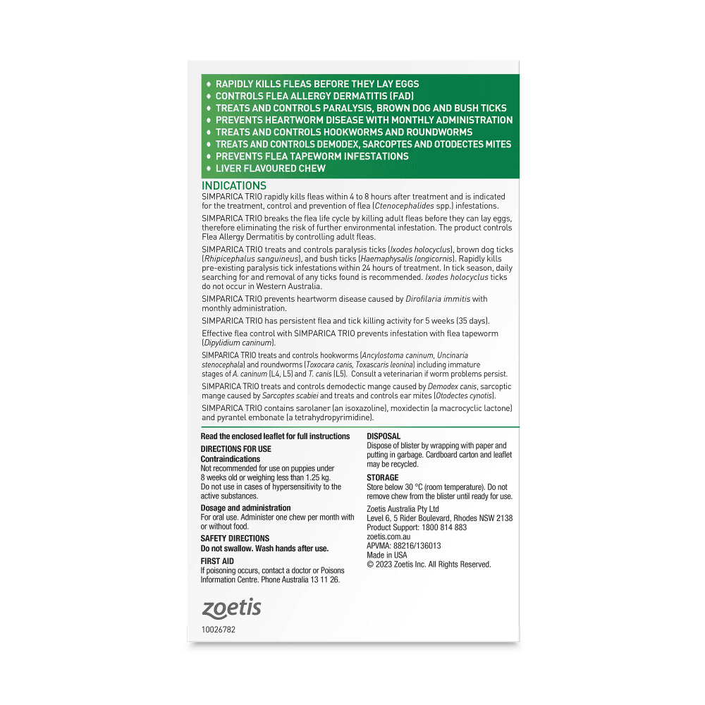 Simparica TRIO for Large Dogs 20.1–40kg (Green) Flea, Tick & Worm Chewables