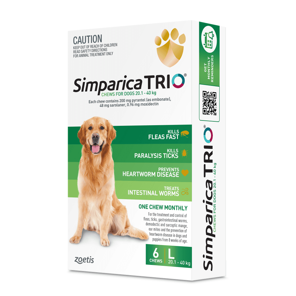 Simparica TRIO for Large Dogs 20.1–40kg (Green) Flea, Tick & Worm Chewables