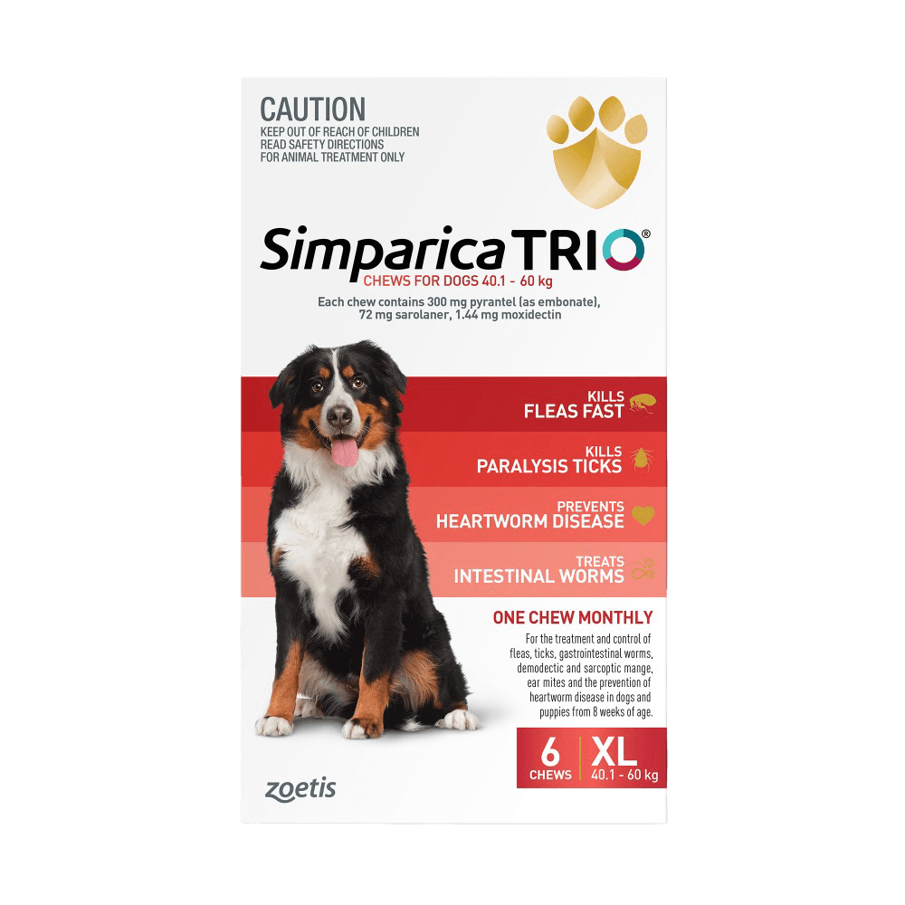 Simparica Trio for Extra Large Dogs 40.1–60kg (Red) Flea, Tick & Worm Chewables
