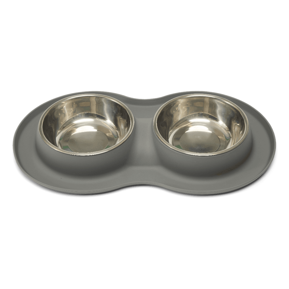 Silicone Mat Double Stainless Steel Dog Bowl Grey