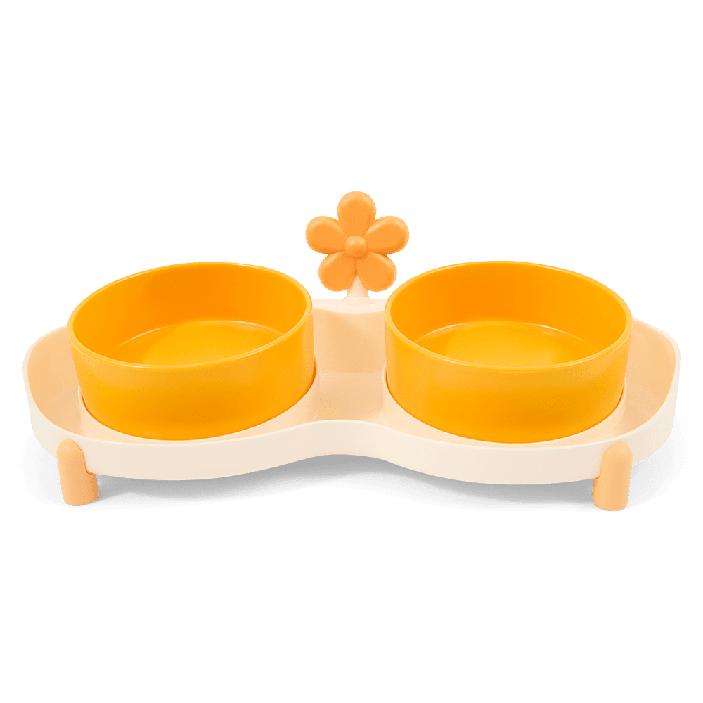 Ceramic Double Pet Bowl With Tray Yellow