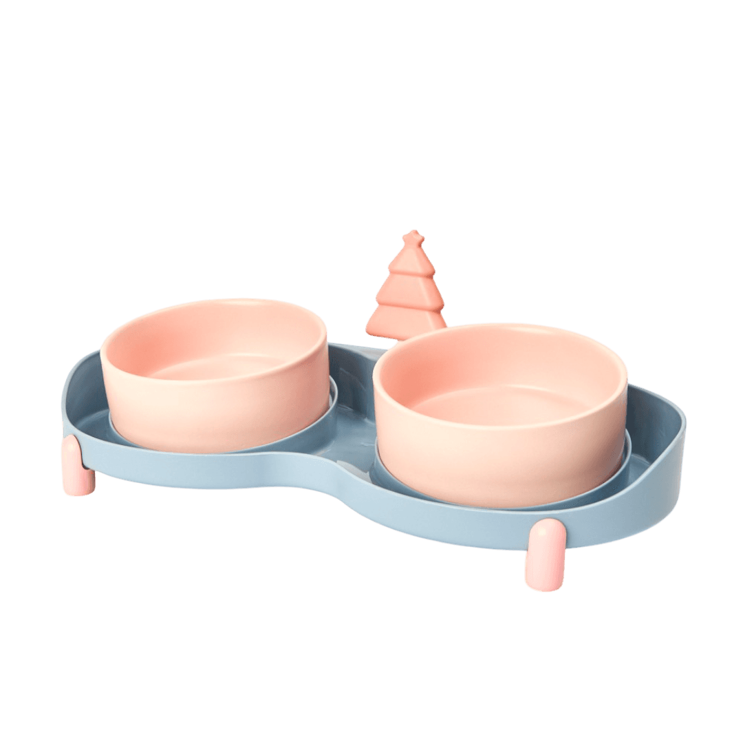 Ceramic Double Pet Bowl With Tray Pink
